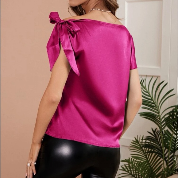 Classic Elegant Off shoulder Asymmetrical Neck Tie Office Work Satin Blouse Top - Picture 5 of 16